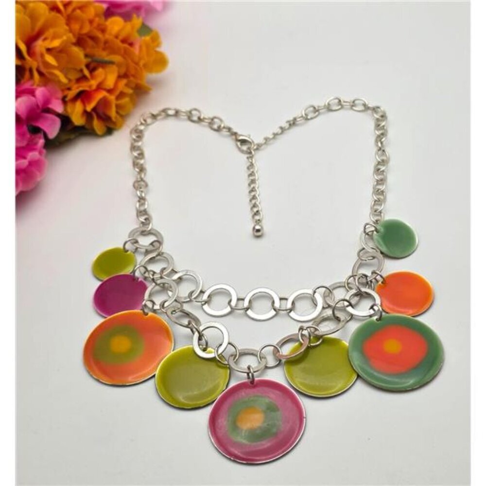 Colorful Enamel Circle Charm Necklace Silver Tone Layered 19 in adj.